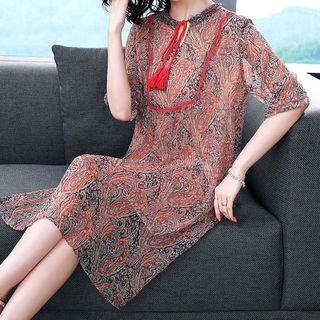 3/4-sleeve Print Tasseled Dress