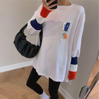 Long-sleeve Color Block Applique T-shirt