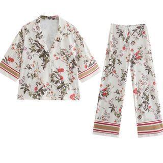 Short-sleeve Floral Print Shirt / Wide Leg Pants
