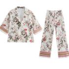 Short-sleeve Floral Print Shirt / Wide Leg Pants