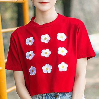 Short-sleeve Embroidered Flower Cropped T-shirt