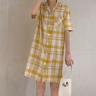 Short-sleeve Plaid Shirtdress Yellow - One Size