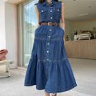 Tiered Denim Long Shirtdress With Belt Dark Blue - One Size