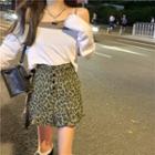 Long-sleeve Cropped T-shirt / Leopard Print Mini Skirt / Cropped Camisole Top