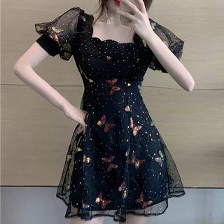 Short-sleeve Sequined Butterfly Embroidered Mini A-line Dress