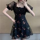 Short-sleeve Sequined Butterfly Embroidered Mini A-line Dress