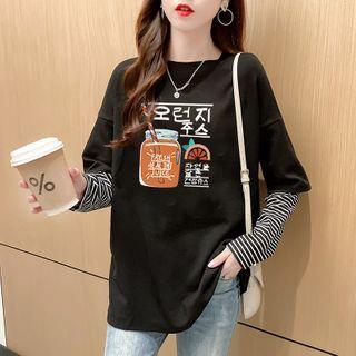 Mock Two Piece Korean Character Printed Striped Long-sleeve T-shirt