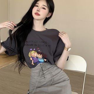 Short-sleeve Cartoon Print T-shirt + Lace-up Mini Skirt