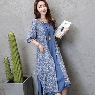 Set: Patterned Long Thin Coat + Sleeveless Midi Dress