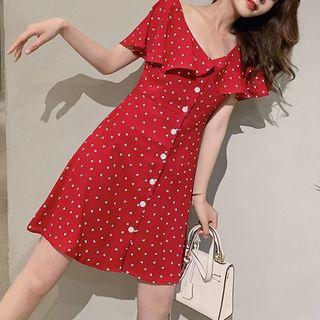 Heart Print Single-breasted Short-sleeve A-line Dress