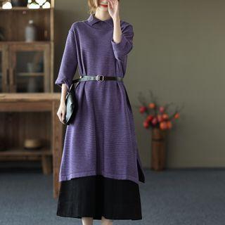 3/4-sleeve Collared Midi A-line Sweater Dress