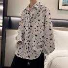 Long Sleeve Print Oversized Shirt With Tie
