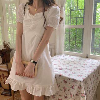 Puff-sleeve Frill Trim Crinkled A-line Mini Dress
