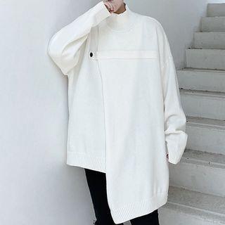 Turtle-neck Asymmetric Plain Over-sized Sweater