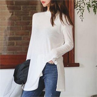 Mock-neck Slit-detail Long Top