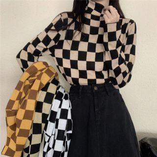 Turtleneck Checkerboard Knit Top