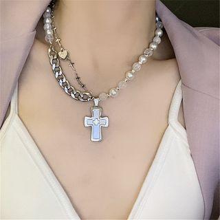Cross Pendant Faux Crystal Faux Pearl Necklace Silver - One Size