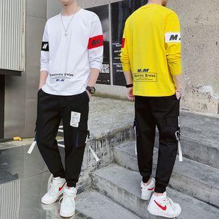 Long-sleeve Lettering Color Block T-shirt + High-waist Applique Cargo Pants