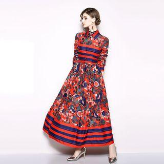 Long-sleeve Buttoned Printed A-line Maxi Dress