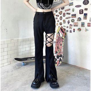 High Waist Cutout Strappy Zip-up Boot-cut Pants