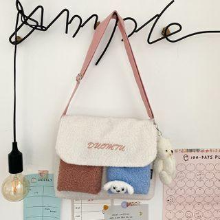 Letter Embroidered Color Panel Fleece Crossbody Bag