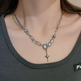 Star Rhinestone Moonstone Pendant Alloy Necklace Silver - One Size