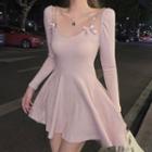 Long-sleeve Mini A-line Knit Dress Pink - One Size