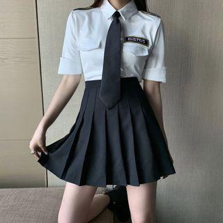 Short-sleeve Shirt / Pleated Mini A-line Skirt / Necktie / Set