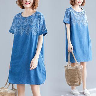 Embroidered Short-sleeve Mini A-line Denim Dress Denim Blue - One Size