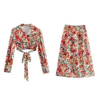 Set: Print Cropped Blouse + Midi A-line Skirt