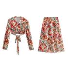Set: Print Cropped Blouse + Midi A-line Skirt