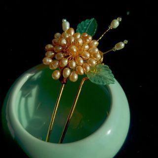 Freshwater Pearl Alloy Hair Stick Gold & Green - One Size