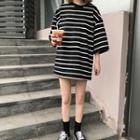 3/4-sleeve Striped Loose-fit Long T-shirt