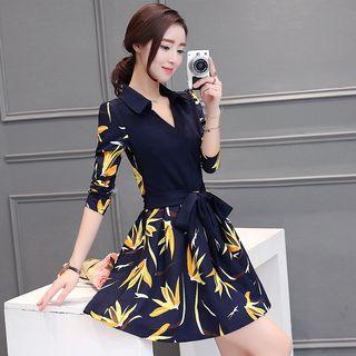 Floral Print Panel Long Sleeve A-line Dress