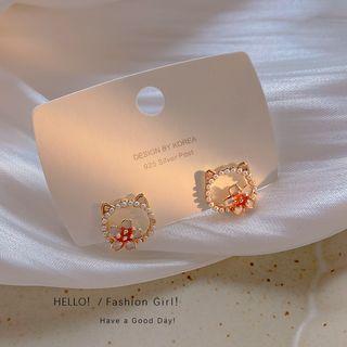 Cat Faux Pearl Flower Alloy Earring E5165 - 1 Pair - Gold - One Size