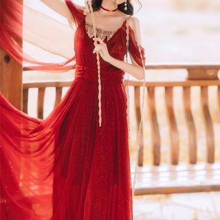 Spaghetti Strap Lace Trim Midi A-line Chiffon Dress