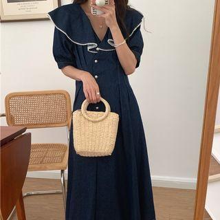 Puff-sleeve Collared Midi A-line Denim Dress