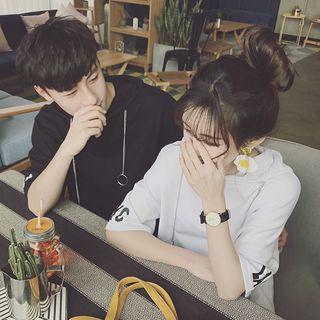 Couple Matching Lettering Elbow-sleeve Hooded T-shirt