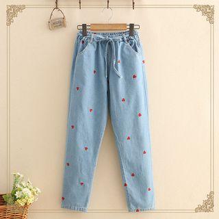Heart Embroidered Drawstring Jeans