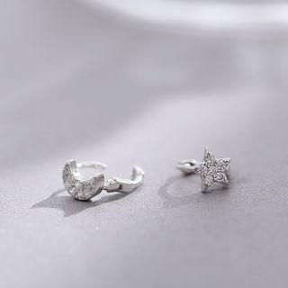 925 Sterling Silver Rhinestone Asymmetric Ear Cuff Star & Moon - Silver - One Size