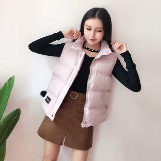 Pom Pom Detail Stand-collar Padded Vest