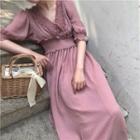 V-neck Short-sleeve A-line Midi Chiffon Dress