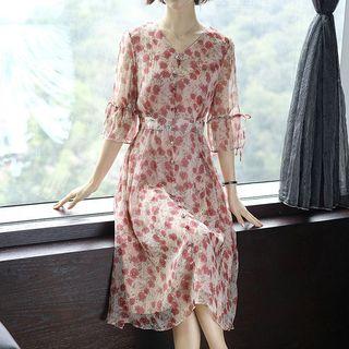 Flower Print V-neck Elbow-sleeve Chiffon Dress