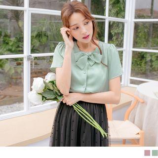 Tie-neck Short-sleeve Plain Blouse