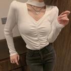 Long-sleeve Halter-neck Ruched T-shirt