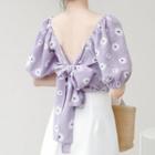 Short-sleeve Floral Top Premium Edition - Purple - One Size