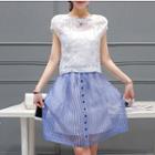 Set: Cap Sleeve Sheer Top + Striped A-line Skirt