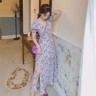 Square-neck Floral Ruffle A-line Dress
