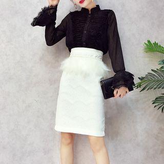 Set: Bell-sleeve Blouse + Faux Fur Straight Fit Skirt