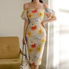 Puff-sleeve Off-shoulder Floral Midi Bodycon Dress